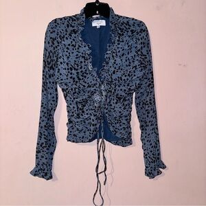 Cistar New York Blue Leopard Print Ruffle Blouse Top Size S
